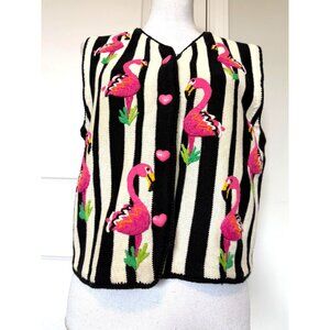 Vtg Michael Simon New York Striped Flamingo Knit Sweater Vest Sz M Heart Buttons